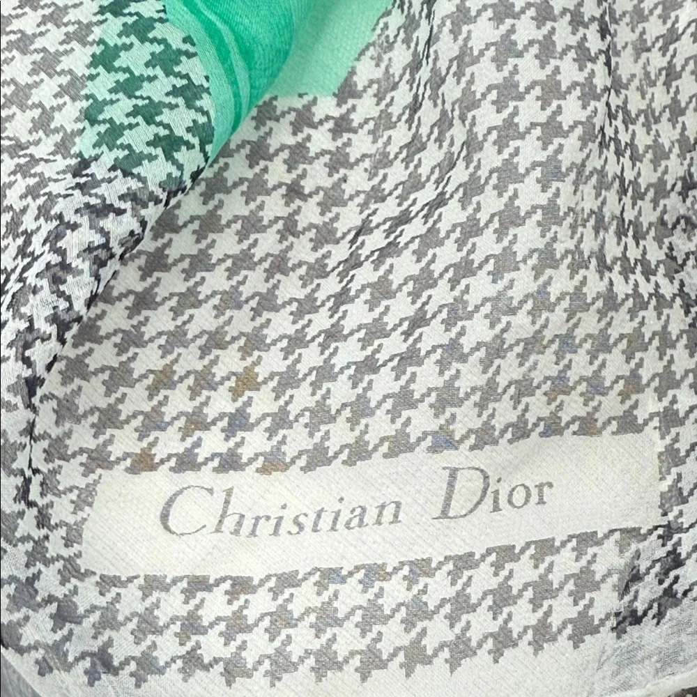 Vintage Christian Dior Houndstooth Scarf /wrap with Green Rose